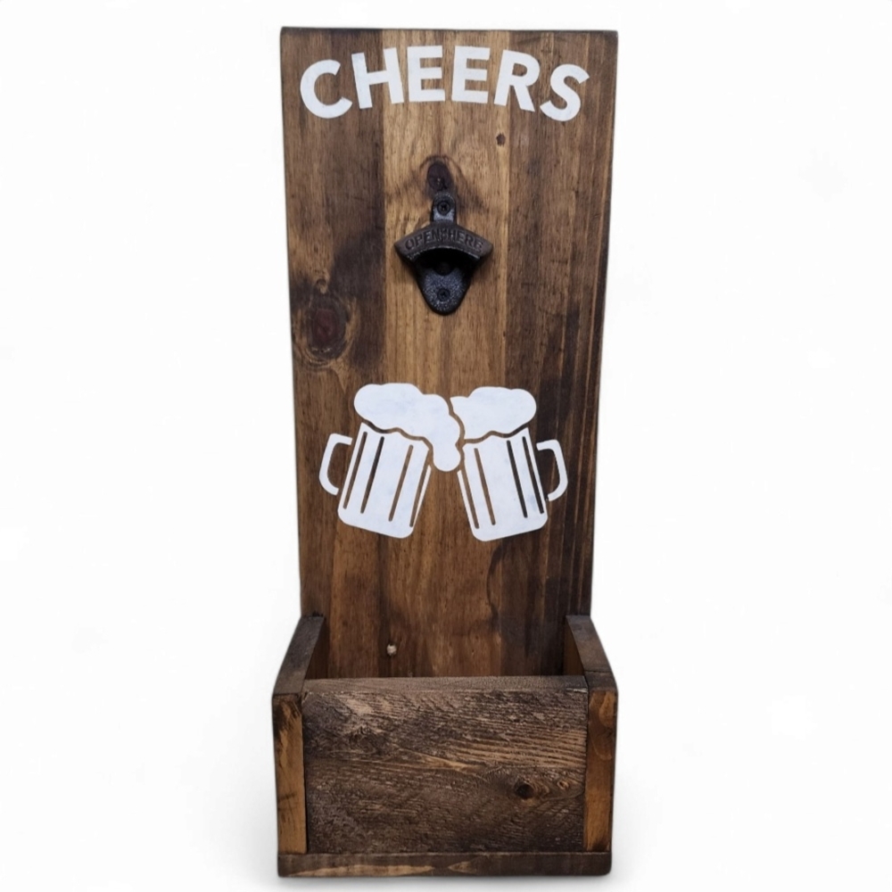 Rustic Wooden Bottle Opener with Cheers Print Wedding Barn Beer Bar